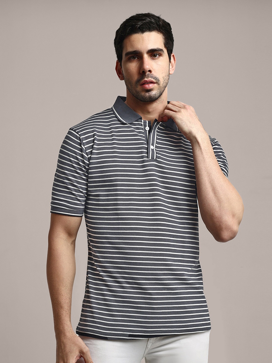 

GRECIILOOKS Striped Polo Collar Cotton Casual T-shirt, Black