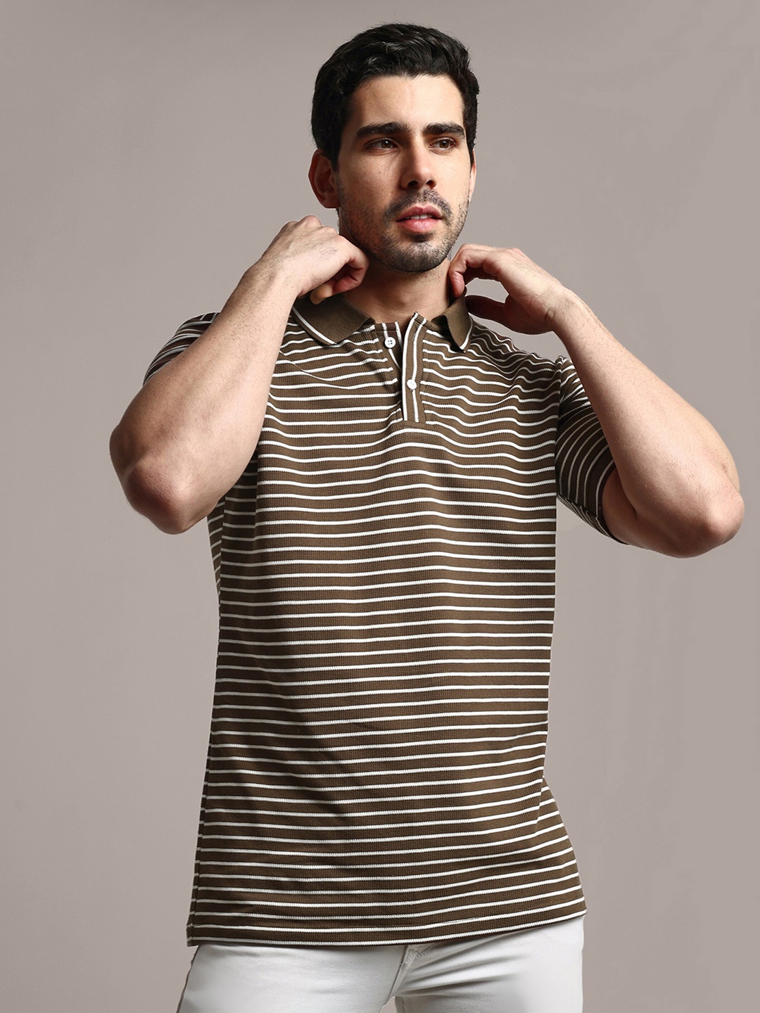 

GRECIILOOKS Striped Polo Collar Three-Quarter Sleeves Cotton Casual T shirt, Brown