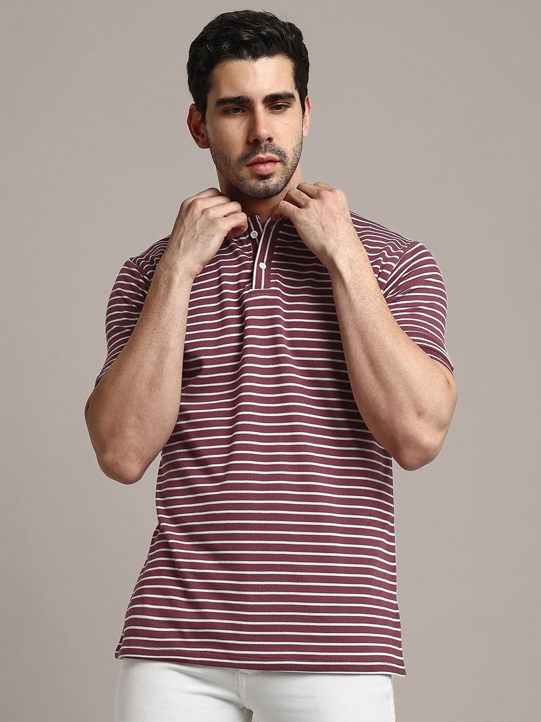 

GRECIILOOKS Horizontal Striped Polo Collar Short Sleeves T-shirt, Purple