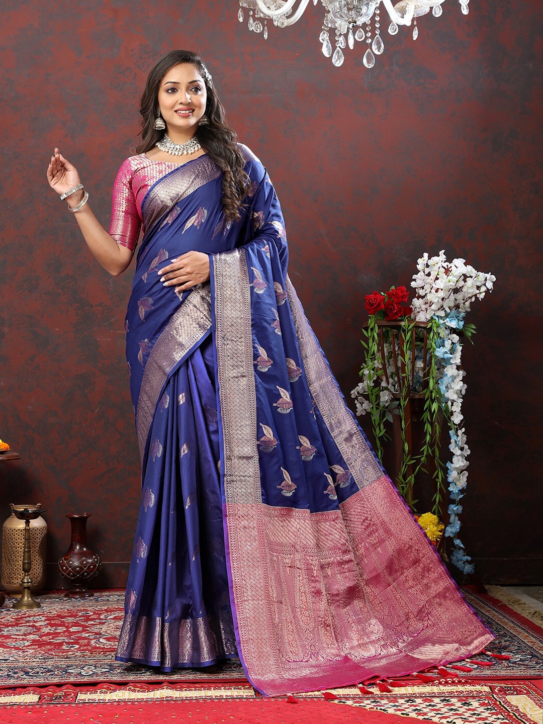 

KALINI Floral Woven Design Zari Art Silk Banarasi Saree, Navy blue