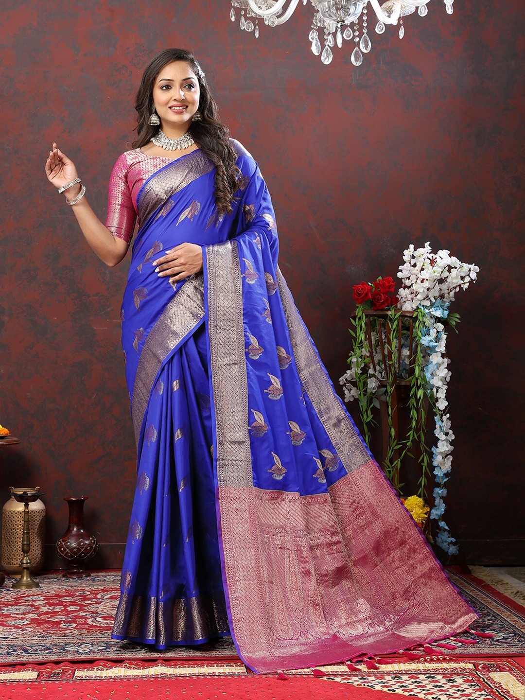 

KALINI Floral Woven Design Zari Art Silk Banarasi Saree, Blue