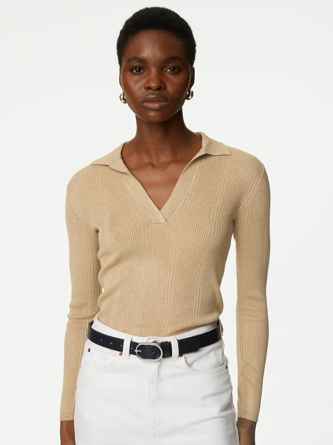 

Marks & Spencer Ribbed Shirt Collar Long Sleeves Pullover Sweater, Camel brown