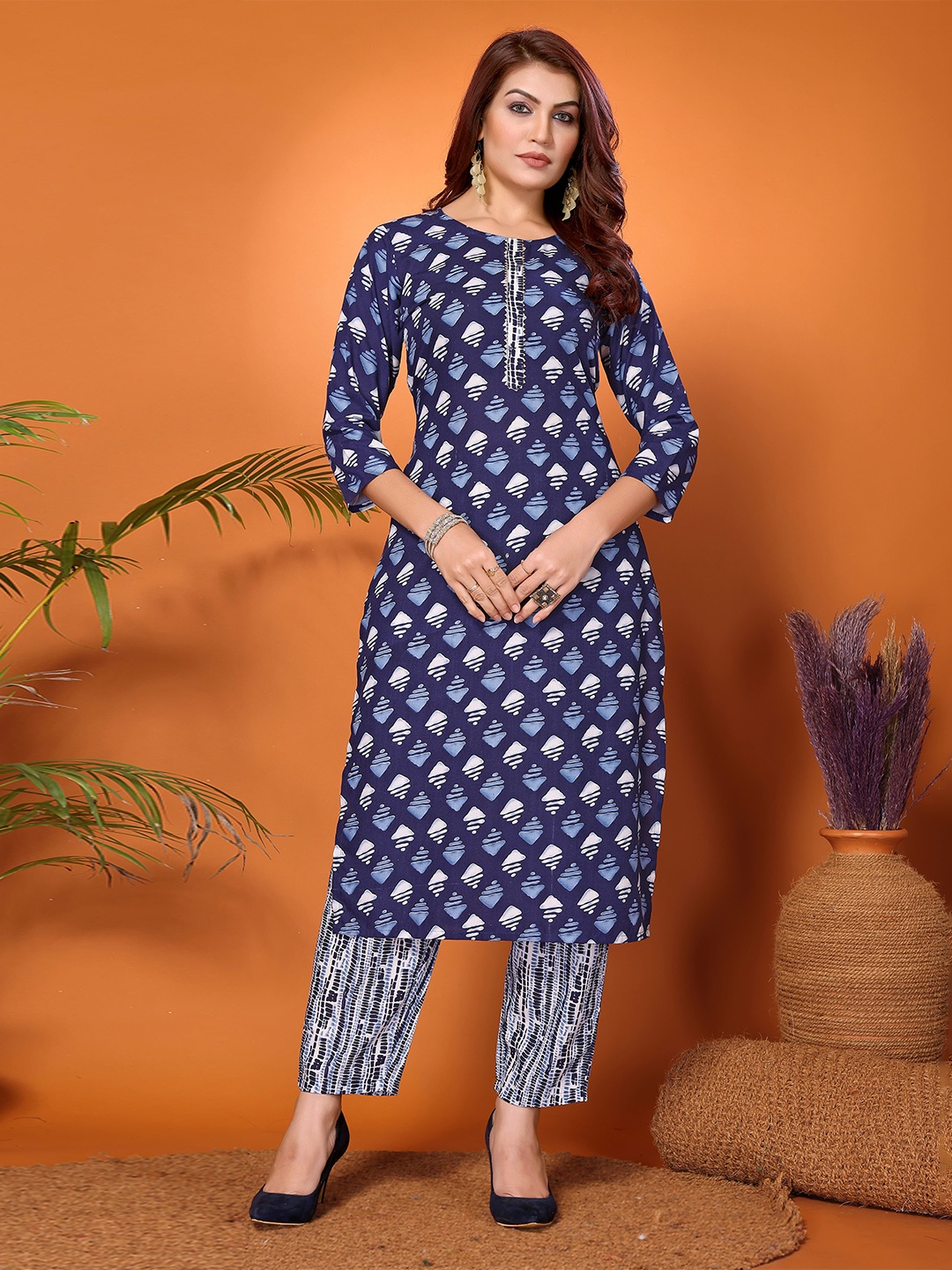 

KALINI Floral Printed Knee Length Straight Kurta with Trousers, Blue