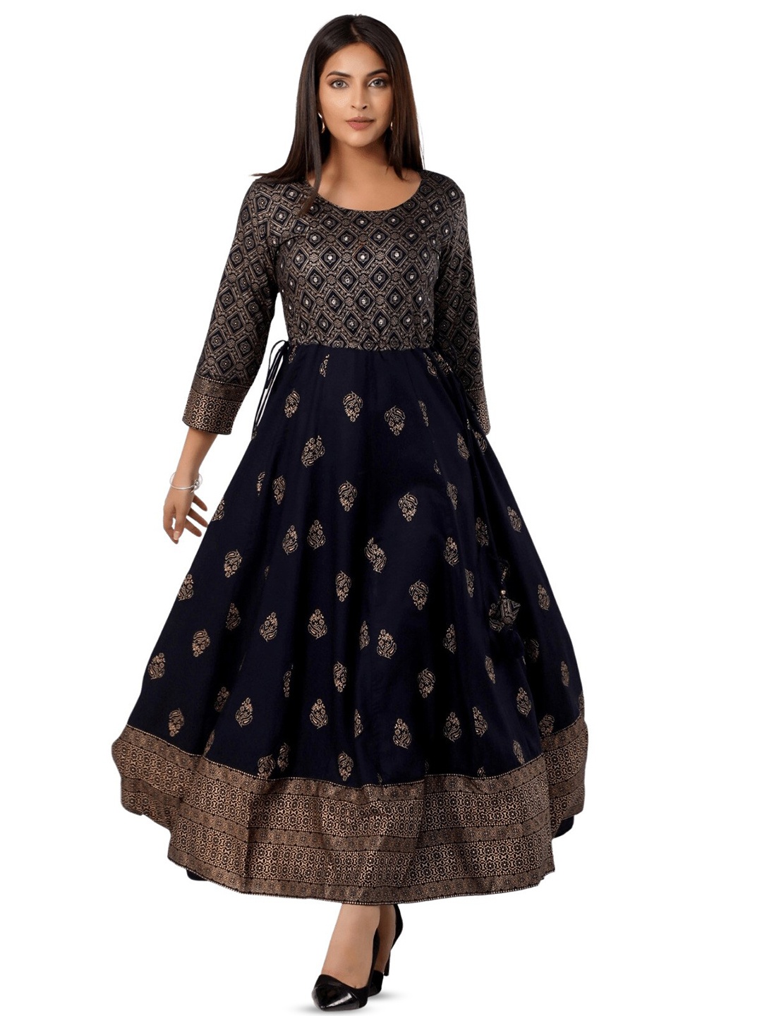 

BAESD Ethnic Motif Printed Fit and Flare Maxi Dress, Navy blue