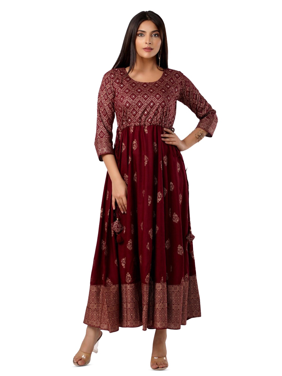 

BAESD Printed Flared Ethnic Dress, Maroon
