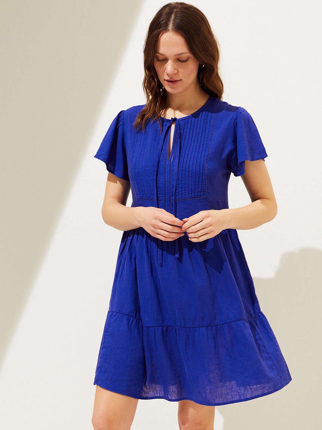 

Marks & Spencer Tie Neck Mini Tiered Dress, Blue