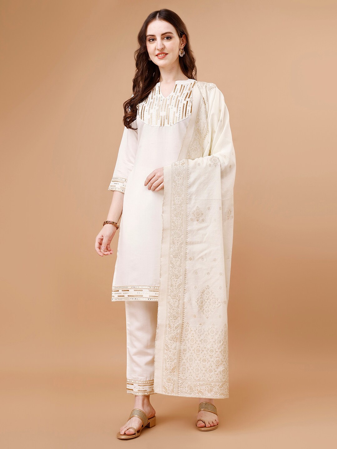 

KALINI Ethnic Motifs Embroidered Mandarin Collar Straight Kurta with Palazzos & Dupatta, White