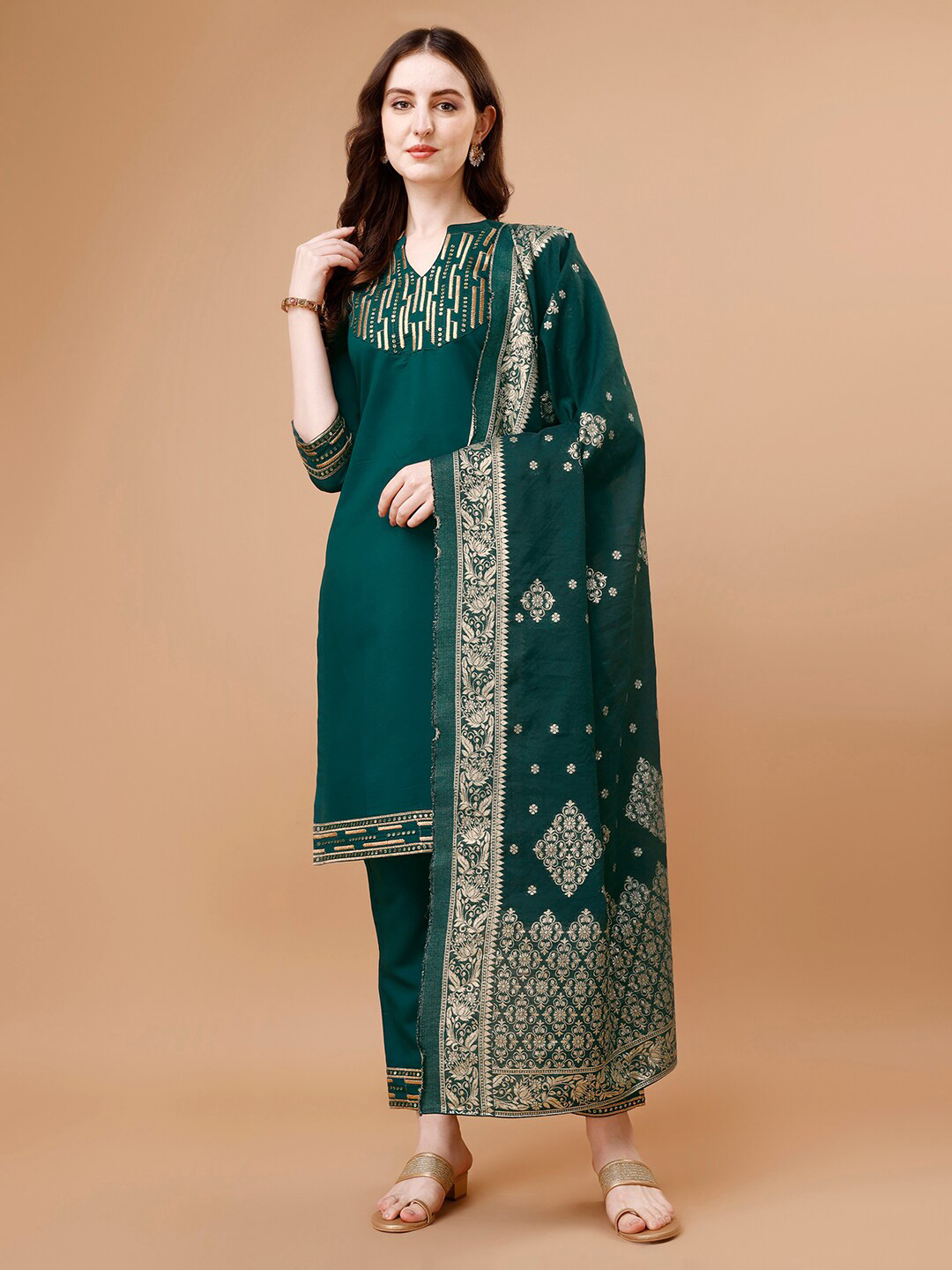 

KALINI Ethnic Motifs Embroidered Mandarin Collar Straight Kurta with Palazzos & Dupatta, Green