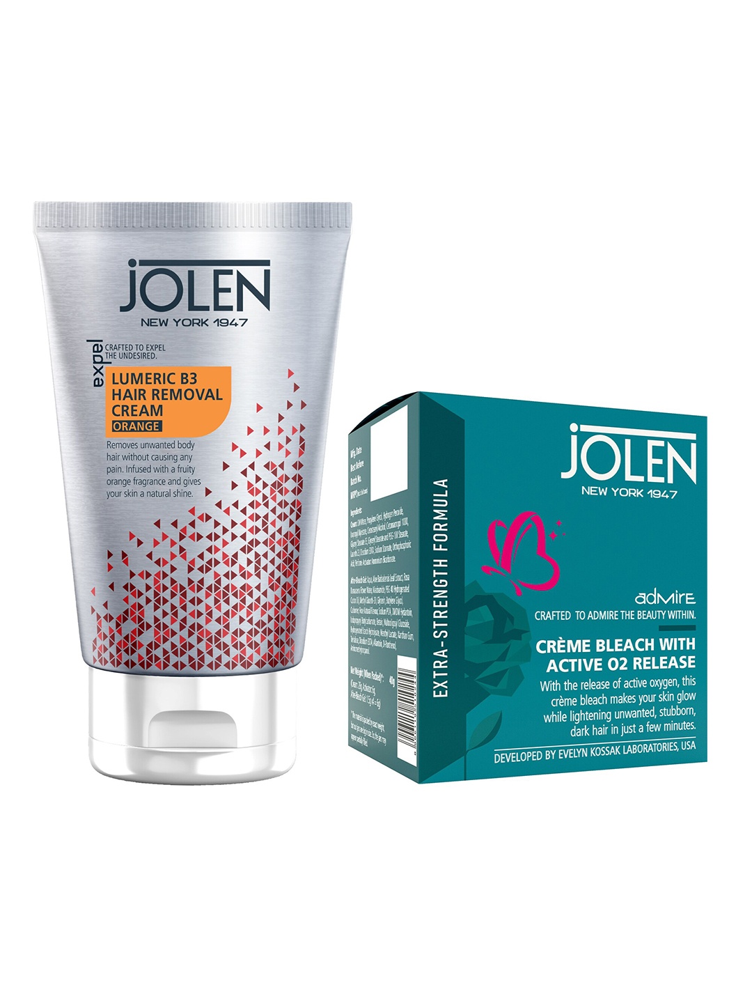 

Jolen New York Lumeric B3 Hair Removal Cream Orange 50g & Crme Bleach Active 02 Release 40g, Red