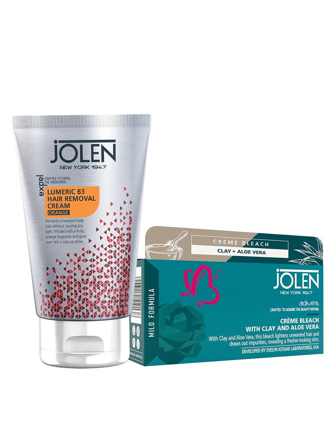 

Jolen New York Set Of Orange B3 Hair Removal Cream & Clay & Aloe Cream Bleach -50g + 40g, Red