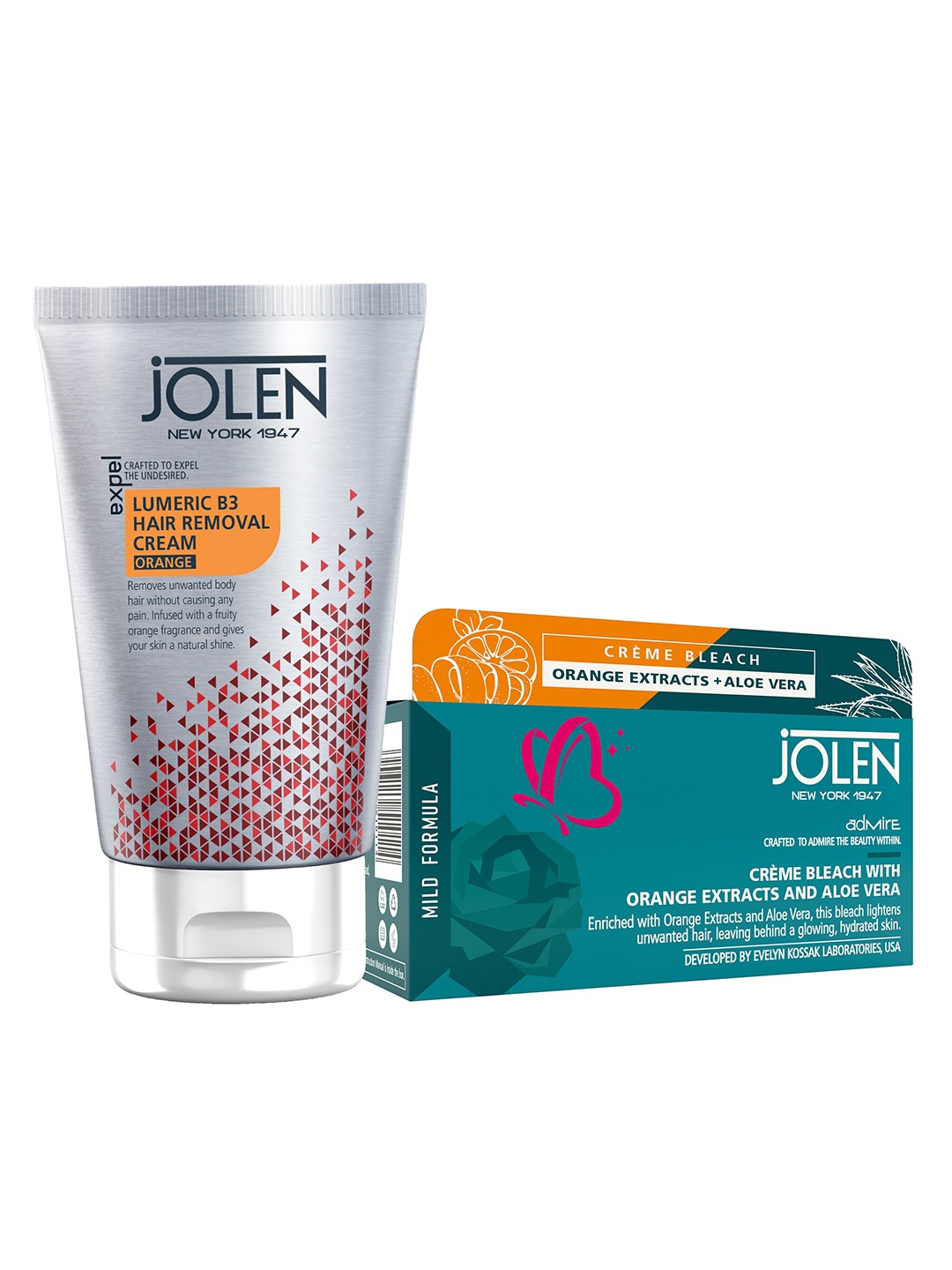 

Jolen New York Set of Lumeric B3 Hair Removal Cream 50g & Creme Bleach with Orange 40g, Red