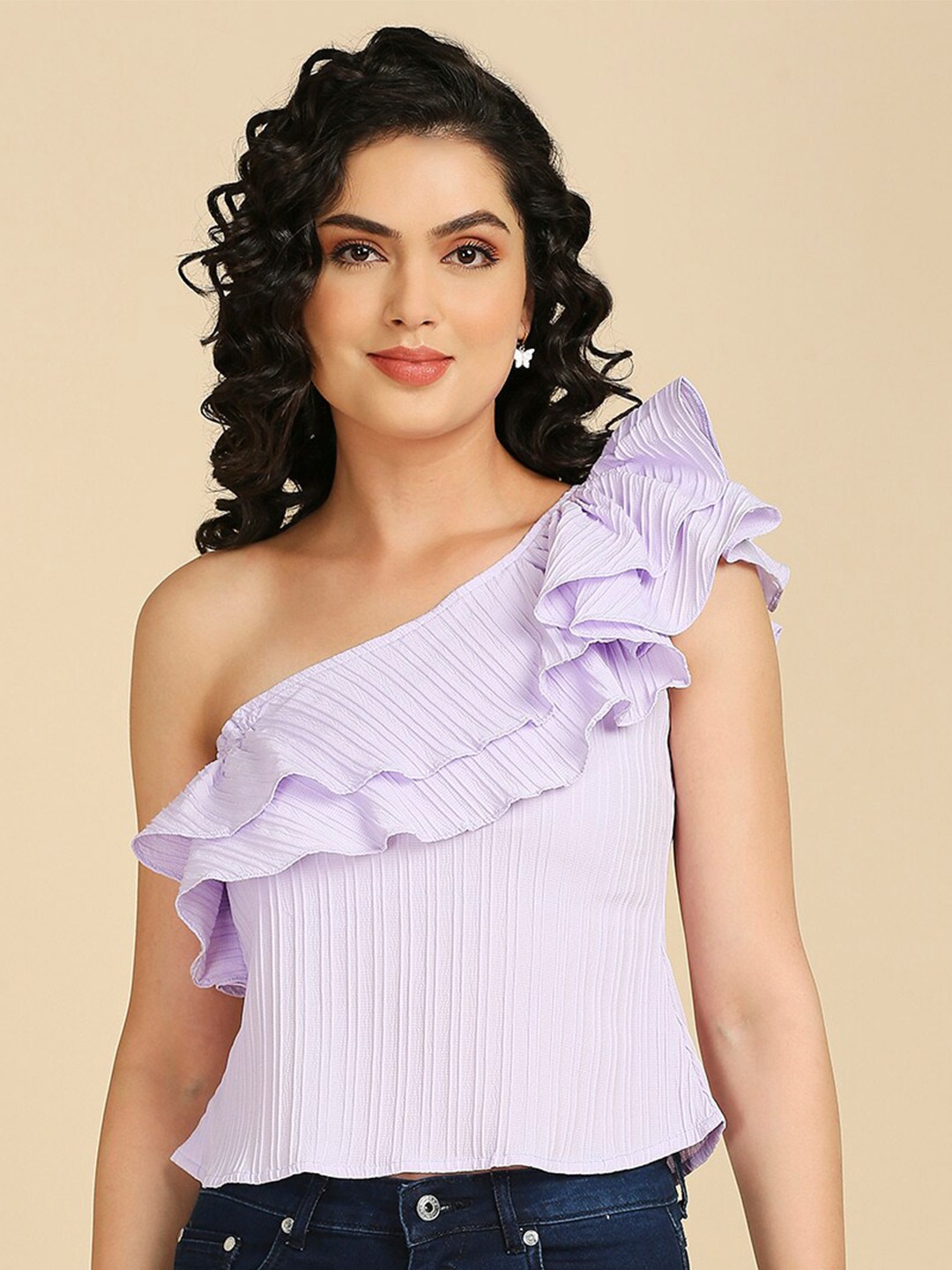 

GUFRINA One Shoulder Ruffles Crop Top, Lavender