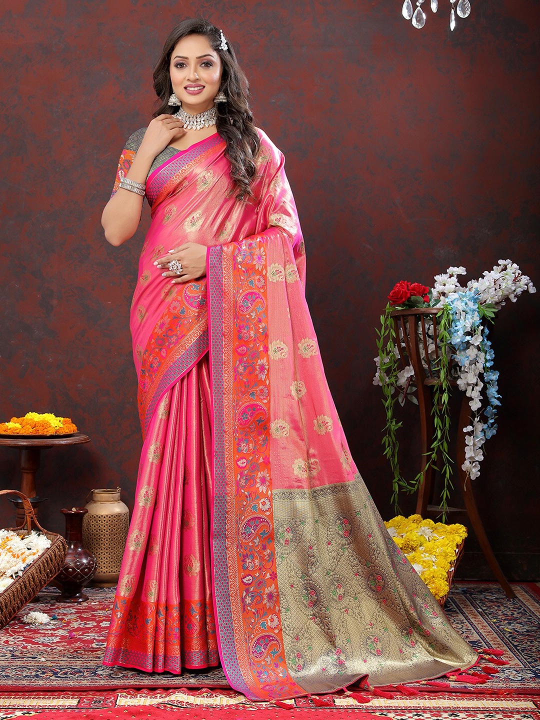

KALINI Paisley Woven Design Zari Art Silk Kanjeevaram Saree, Pink