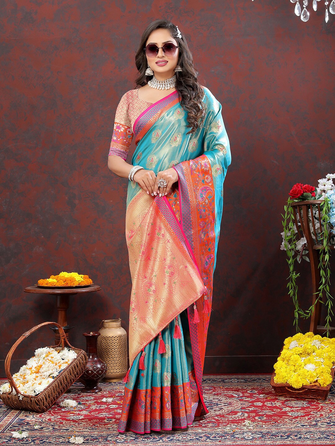 

KALINI Paisley Woven Design Zari Art Silk Kanjeevaram Saree, Turquoise blue