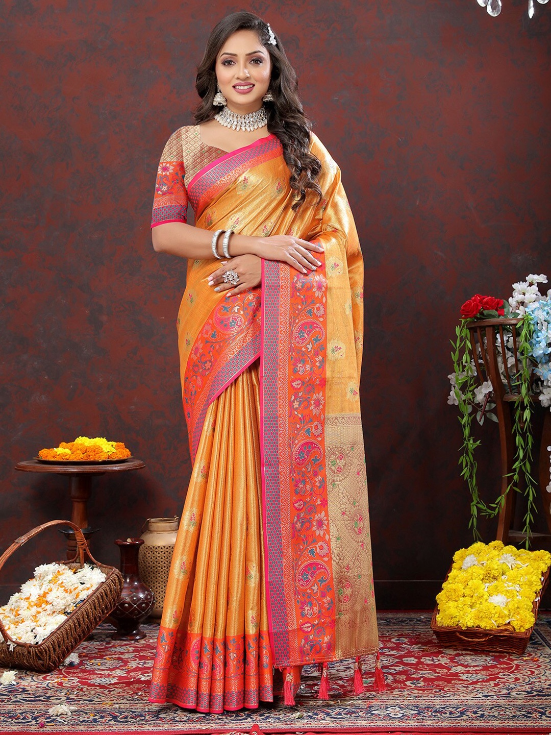 

KALINI Paisley Woven Design Zari Art Silk Kanjeevaram Saree, Orange