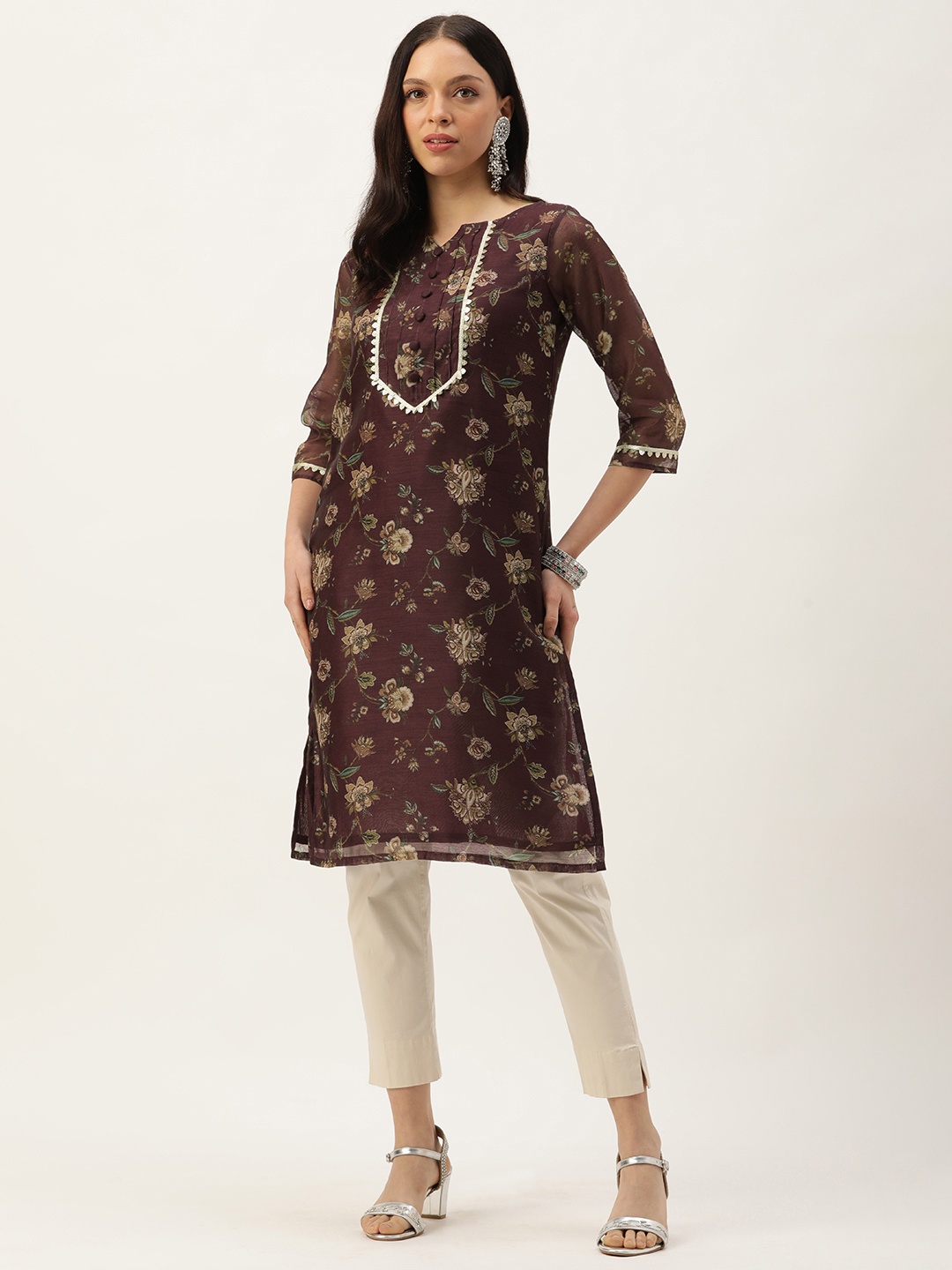 

Ethnovog Women Floral Printed Gotta Patti Satin Kurta, Maroon