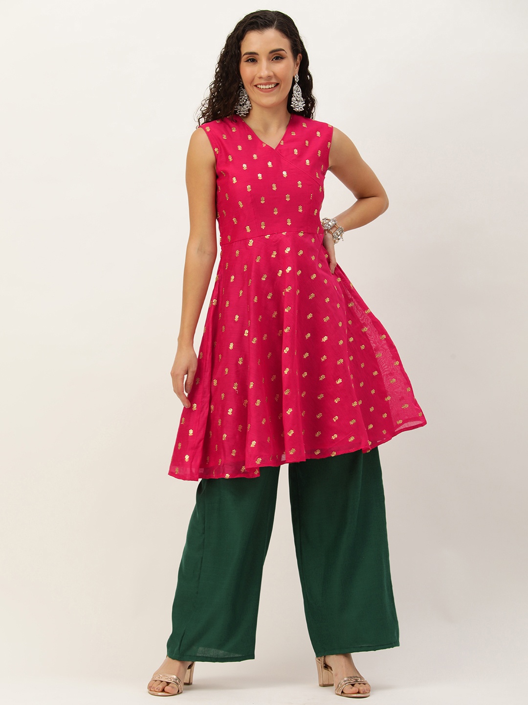 

Ethnovog Women Floral Embroidered Empire Sequinned Kurta with Palazzos, Pink