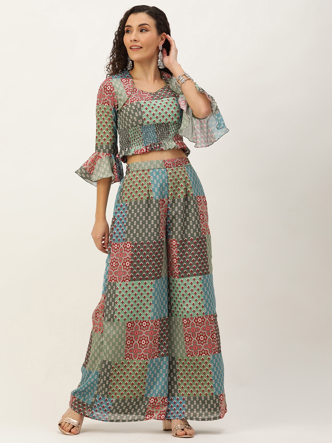 

Ethnovog Women Printed Chinon Crop Top with Palazzos, Multi