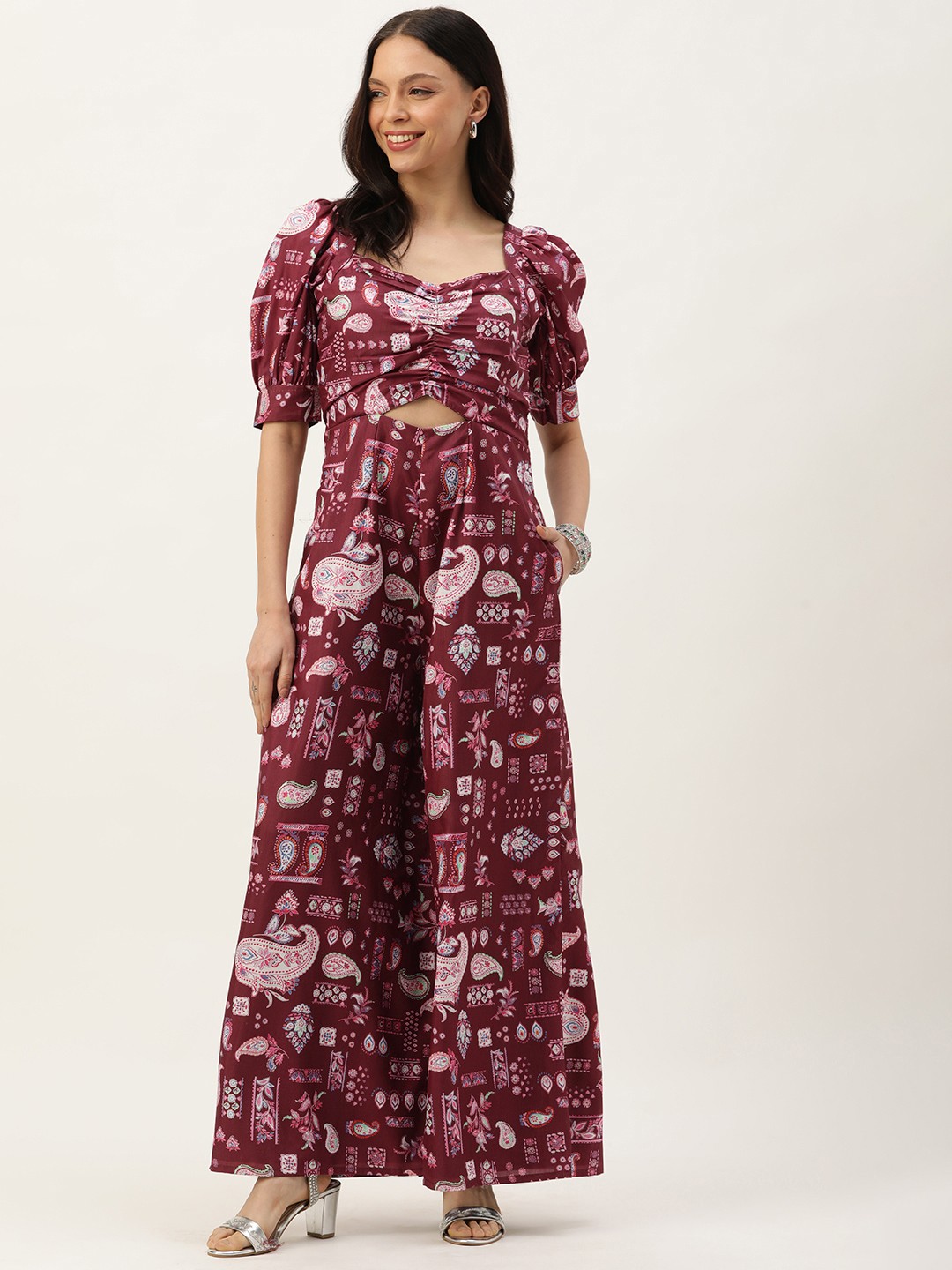 

Ethnovog Printed Gathered Detail Basic Jumpsuit, Maroon
