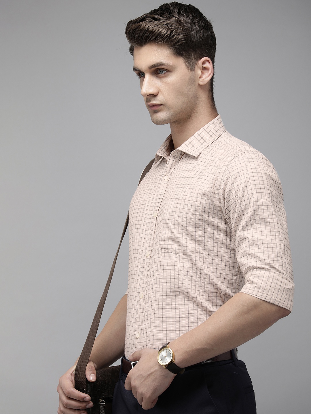 

Park Avenue Slim Fit Grid Tattersall Checks Opaque Formal Shirt, Beige