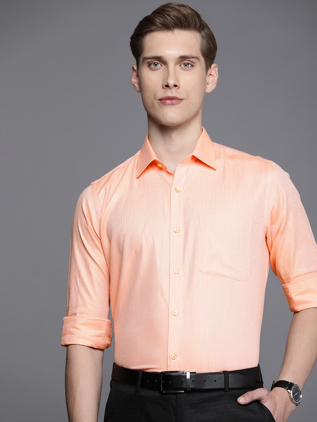 

Raymond Opaque Self Design Pure Cotton Formal Shirt, Orange