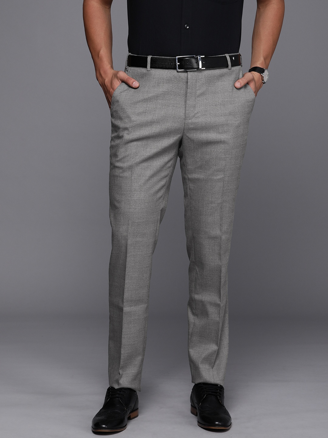 

Raymond Men Checked Slim Fit Mid-Rise Formal Trousers, Grey