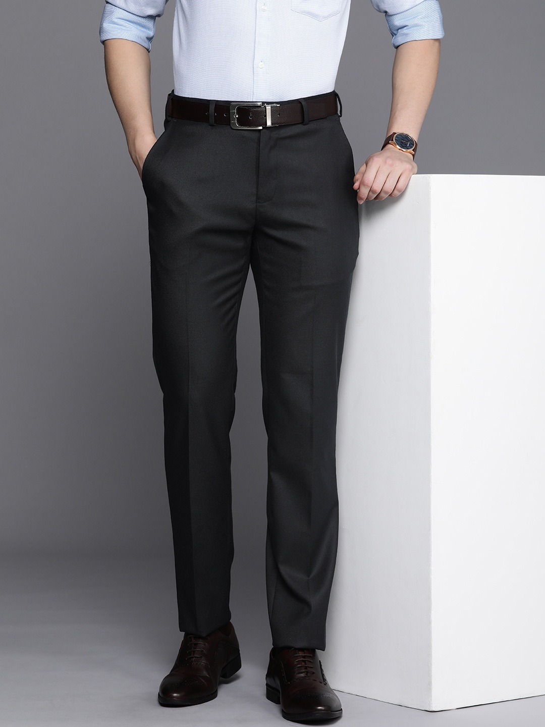 

Raymond Men Textured Slim Fit Formal Trousers, Blue