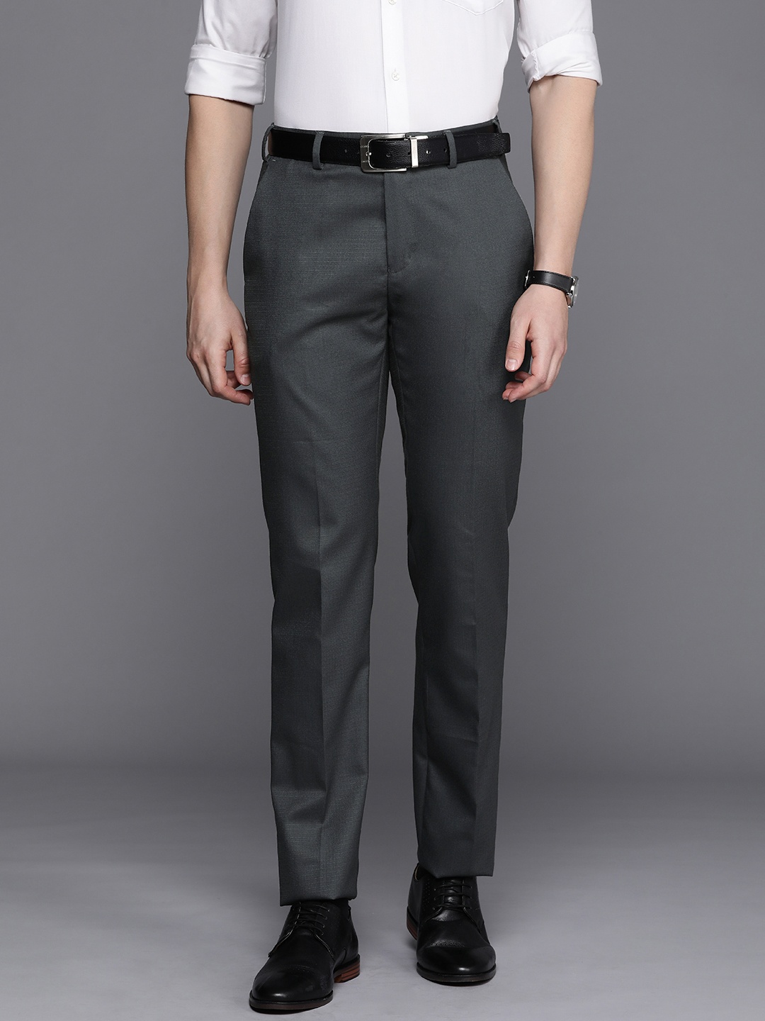 

Raymond Men Checked Slim Fit Formal Trousers, Grey
