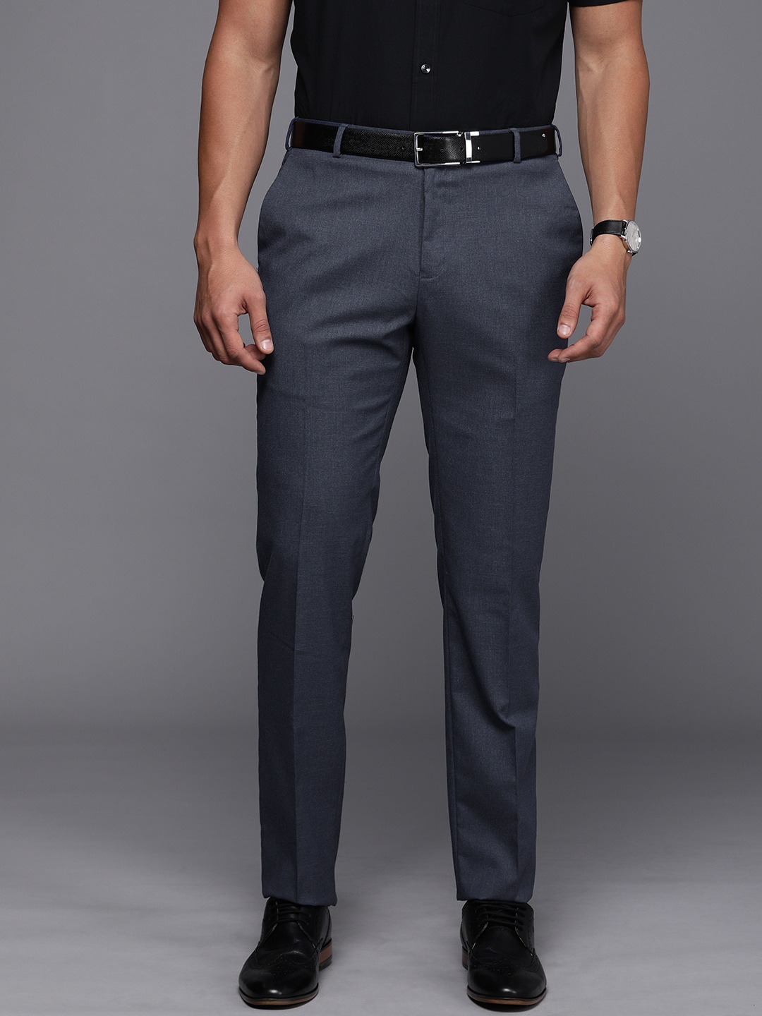 

Raymond Men Textured Slim Fit Mid-Rise Formal Trousers, Navy blue