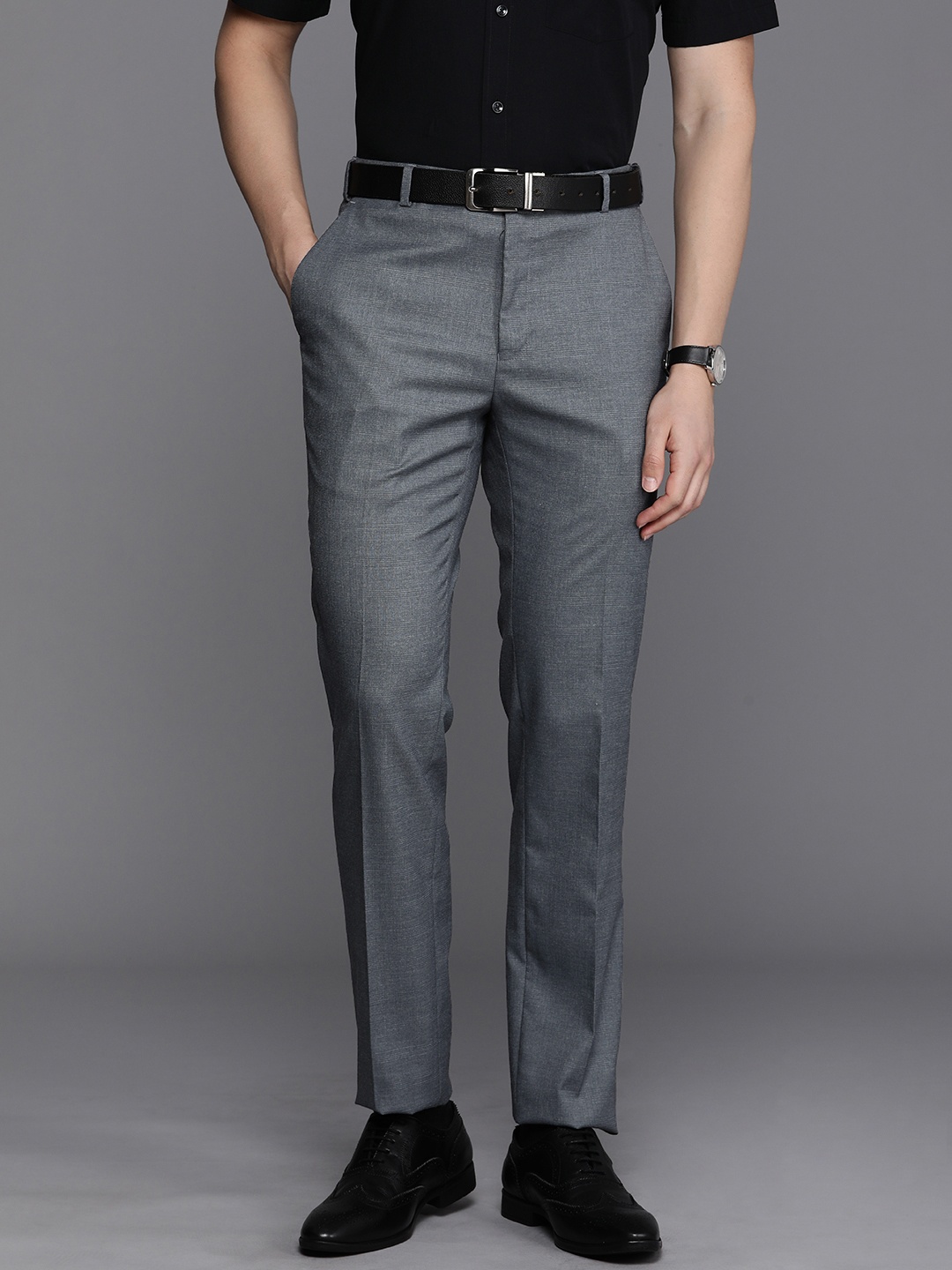 

Raymond Men Checked Slim Fit Trousers, Grey