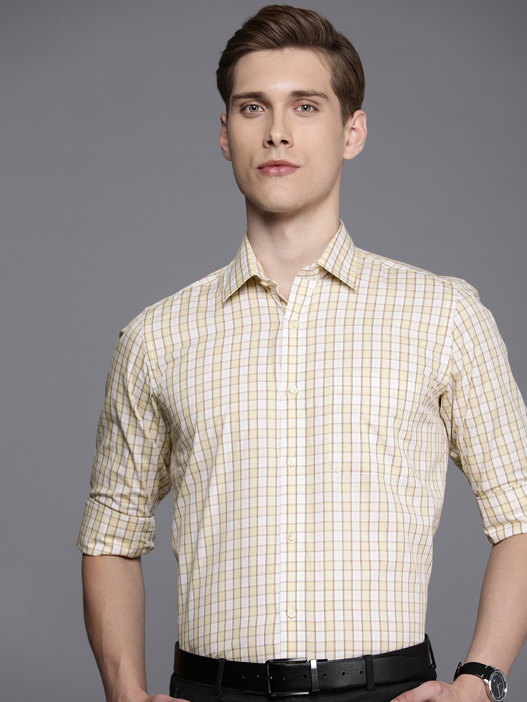 

Raymond Opaque Checked Pure Cotton Formal Shirt, Beige
