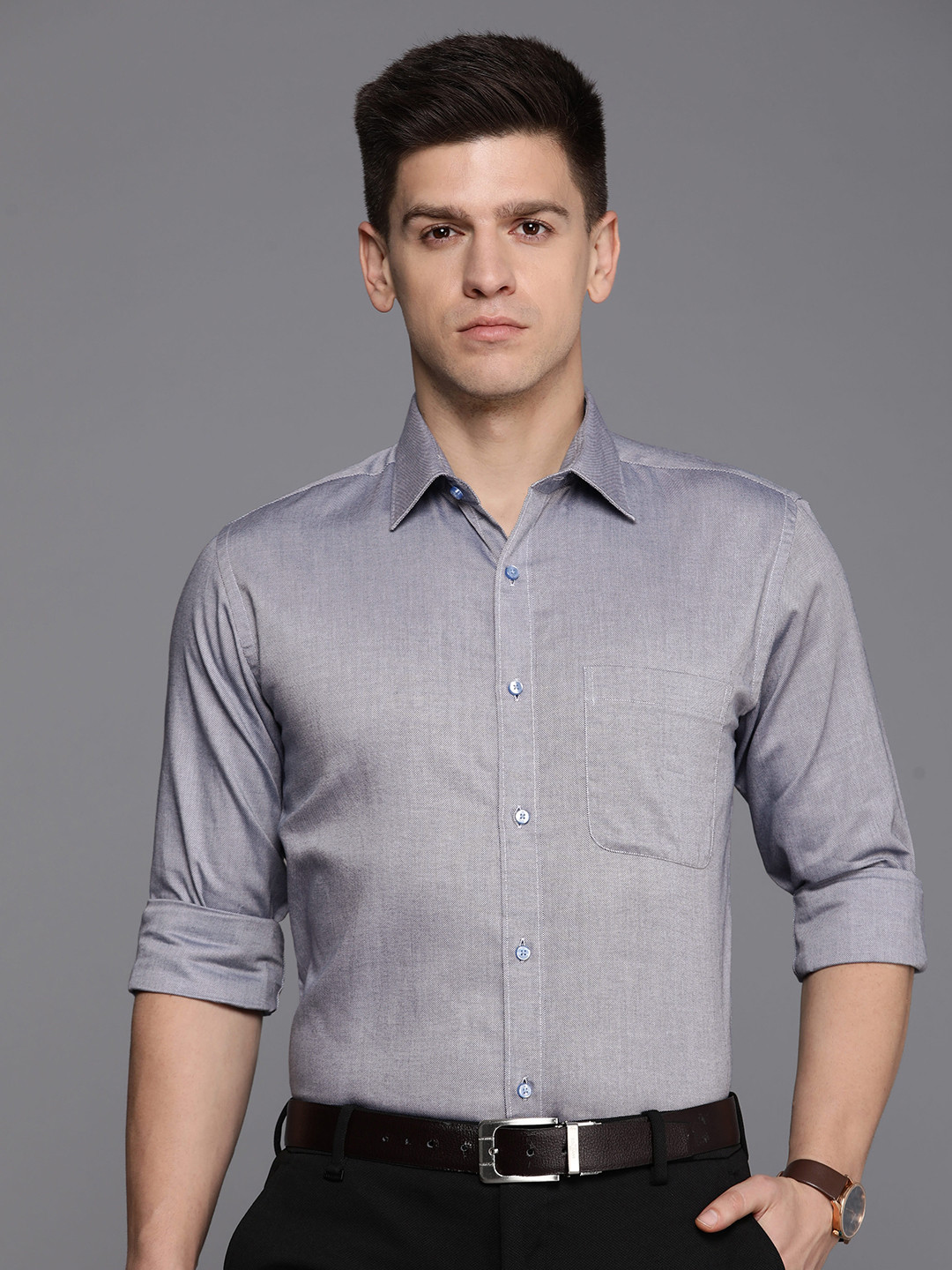 

Raymond Self Design Slim Fit Pure Cotton Formal Shirt, Blue
