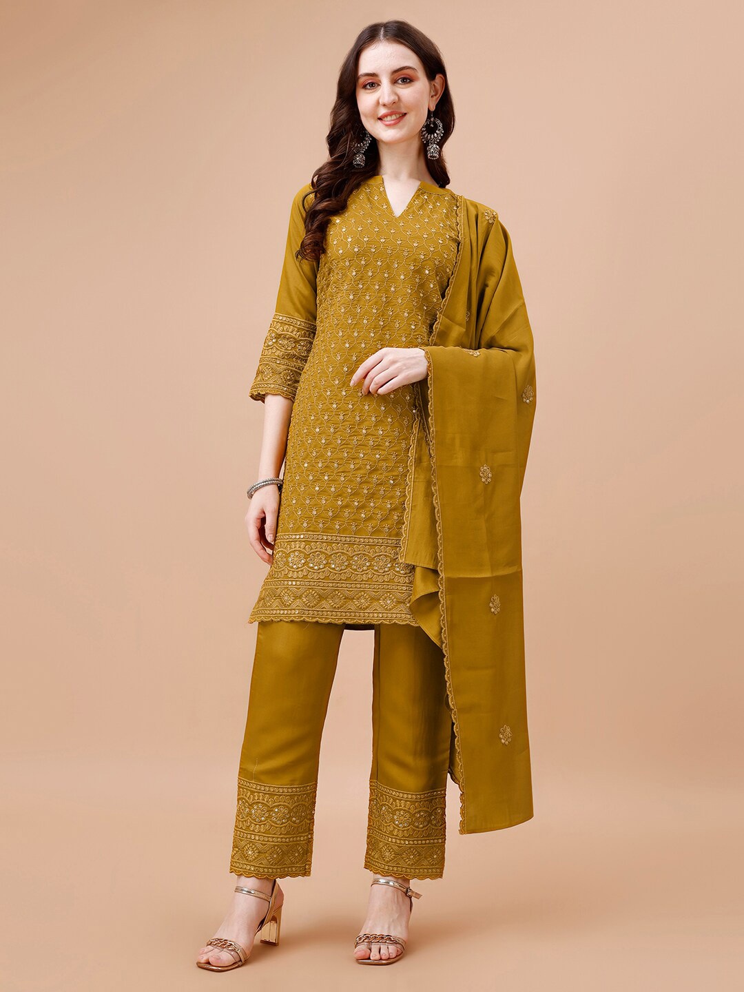 

KALINI Ethnic Motifs Embroidered Mandarin Collar Regular Kurta with Palazzos & Dupatta, Green