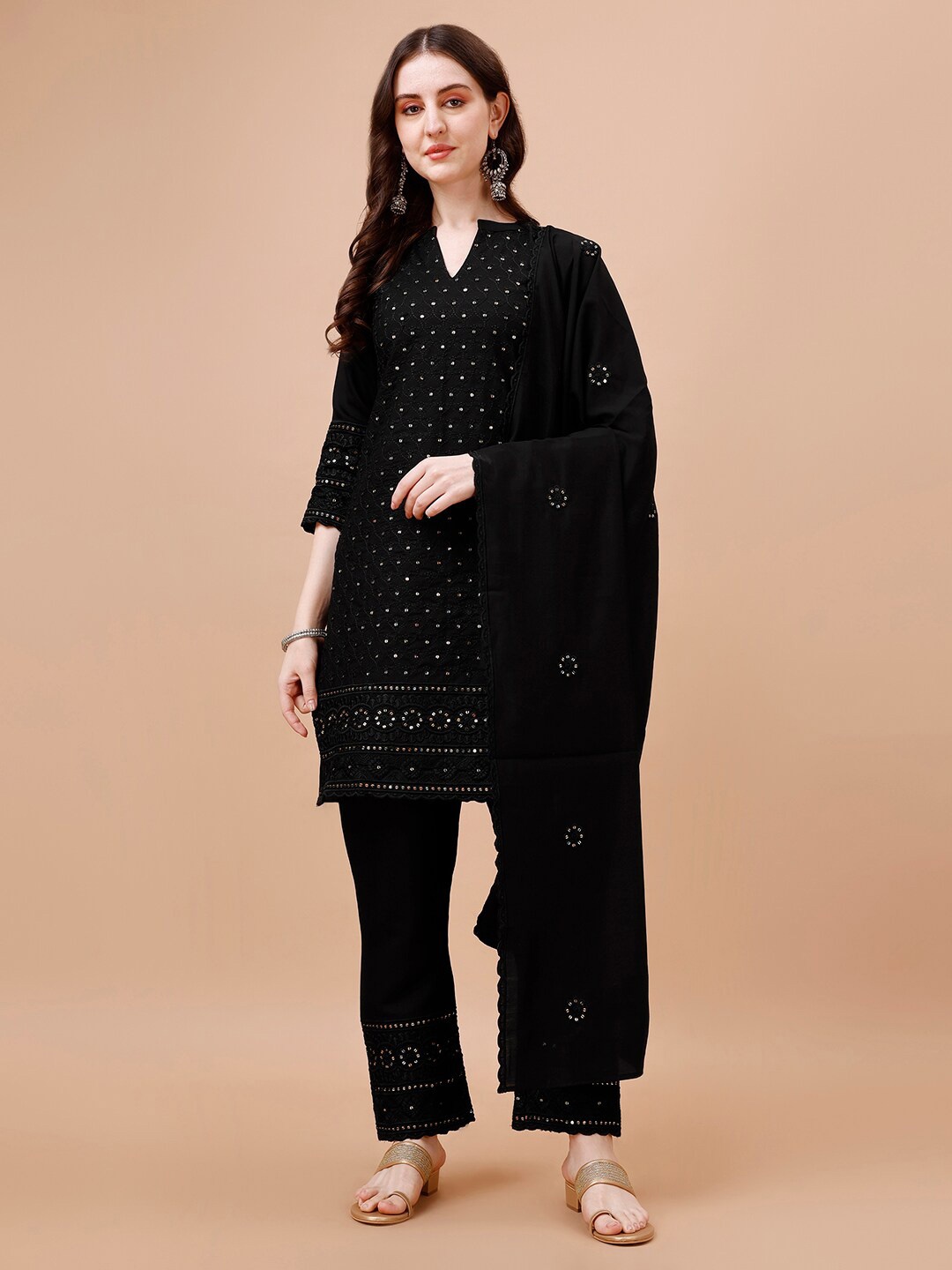 

KALINI Ethnic Motifs Embroidered V-Neck Straight Kurta with Palazzos & Dupatta, Black