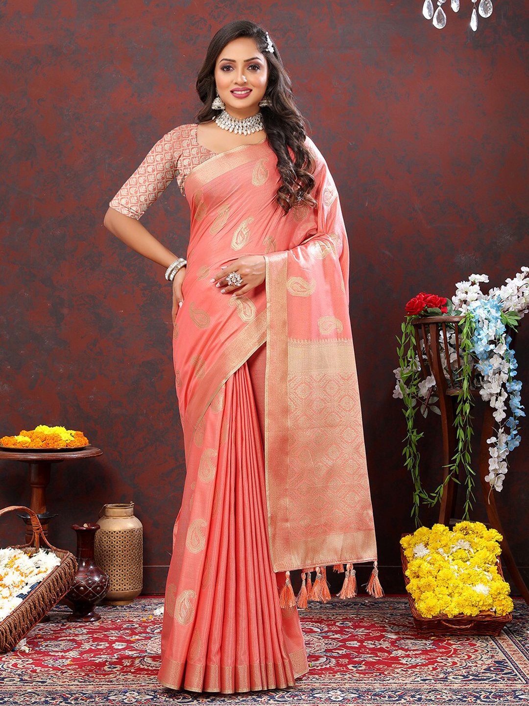 

KALINI Peach Paisley Woven Design Zari Cotton Banarasi Saree