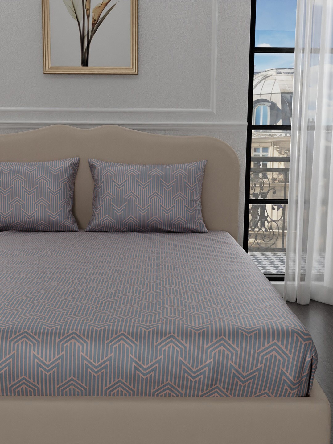 

Stoa Paris Elegance Grey Pink Geometric 300 TC King Bedsheet with 2 Pillow Covers