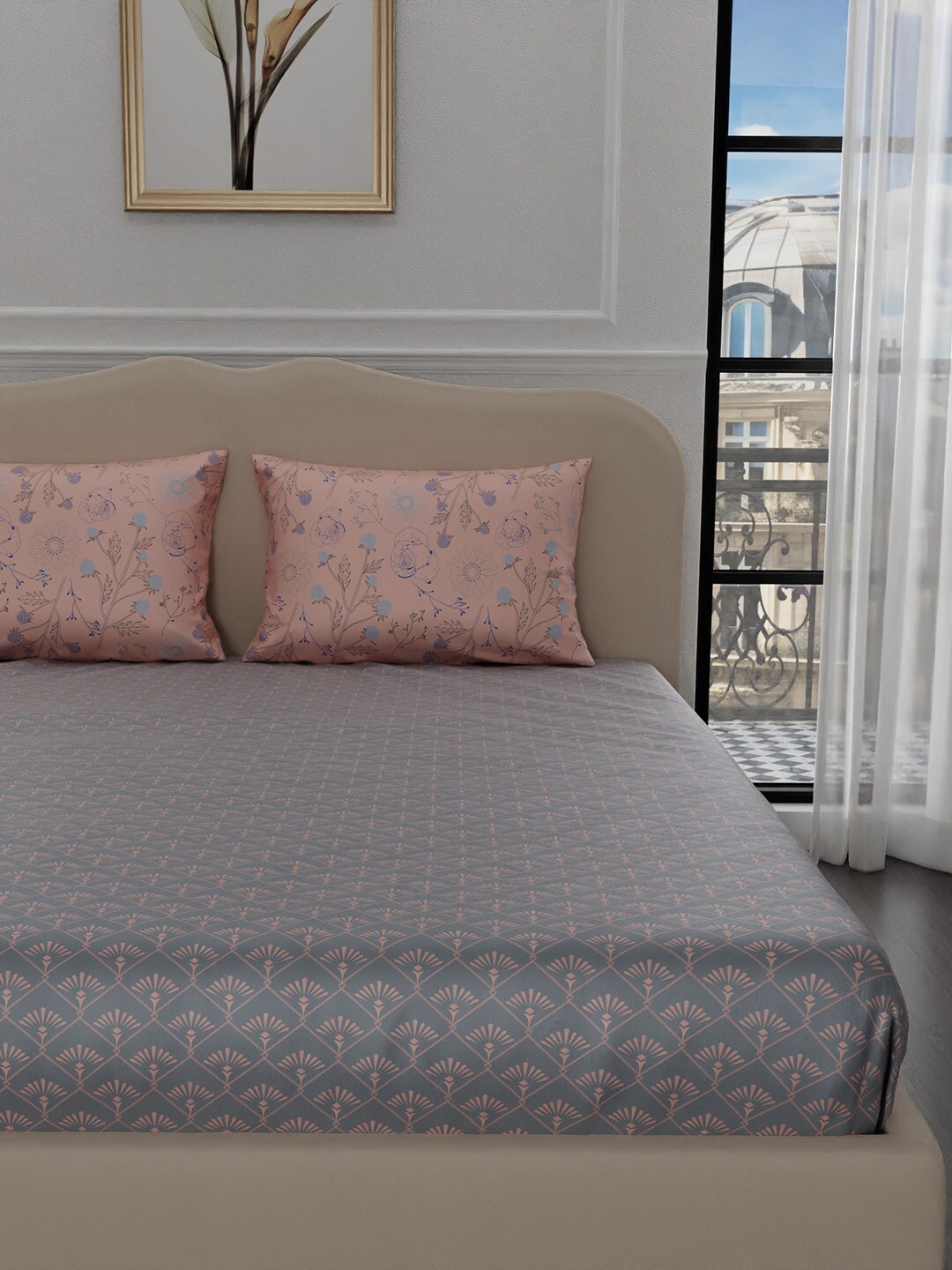 

Stoa Paris Elegance Collection Grey Ethnic Print 300 TC King Satin Bedsheet Set