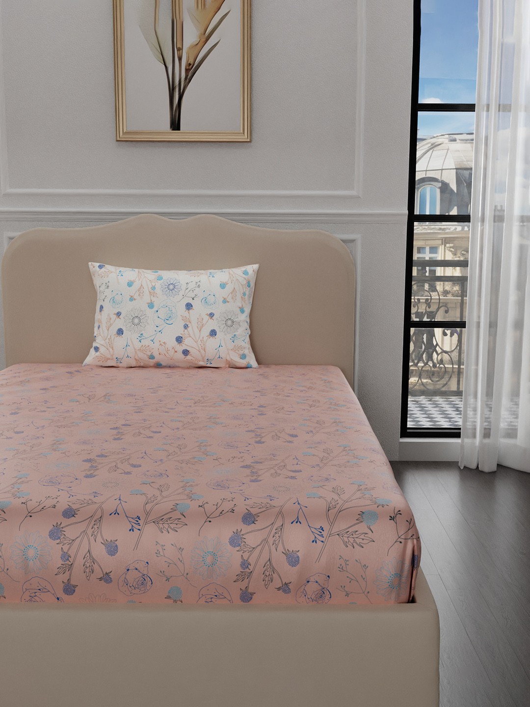 

Stoa Paris Elegance Collection Peach Floral Print 300 TC Single Satin Bedsheet Set