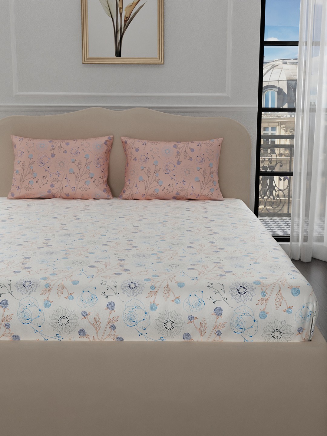 

Stoa Paris Elegance Off White Peach Floral 300 TC King Satin Bedsheet with 2 Pillow Covers