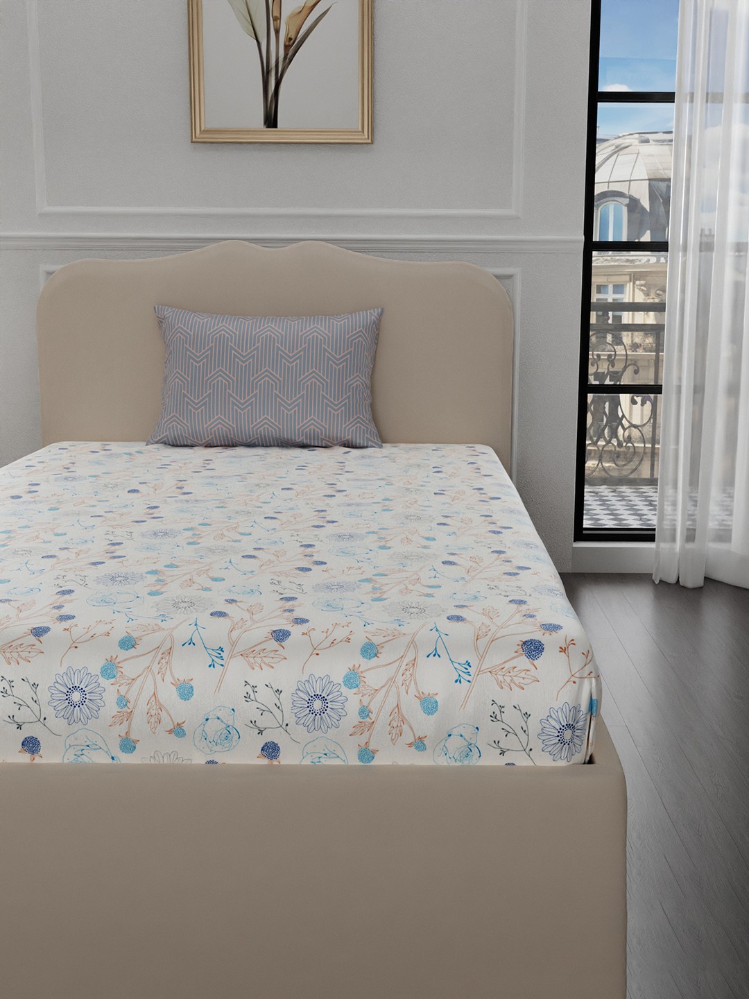 

Stoa Paris Elegance Off White Grey Floral 300 TC Single Satin Bedsheet with 1 Pillow Cover