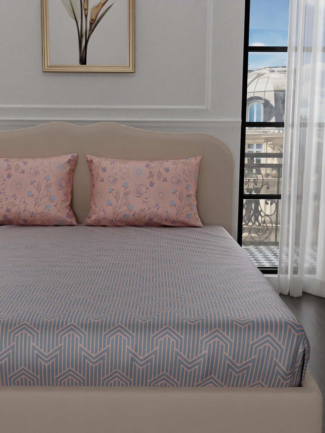 

Stoa Paris Elegance Paris Grey Geometric 300 TC King Bedsheet with 2 Pillow Cover