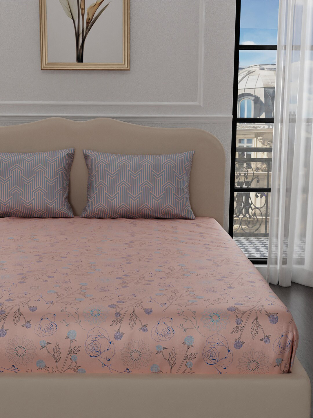 

Stoa Paris Elegance Collection Peach Floral Print 300 TC King Satin Bedsheet Set