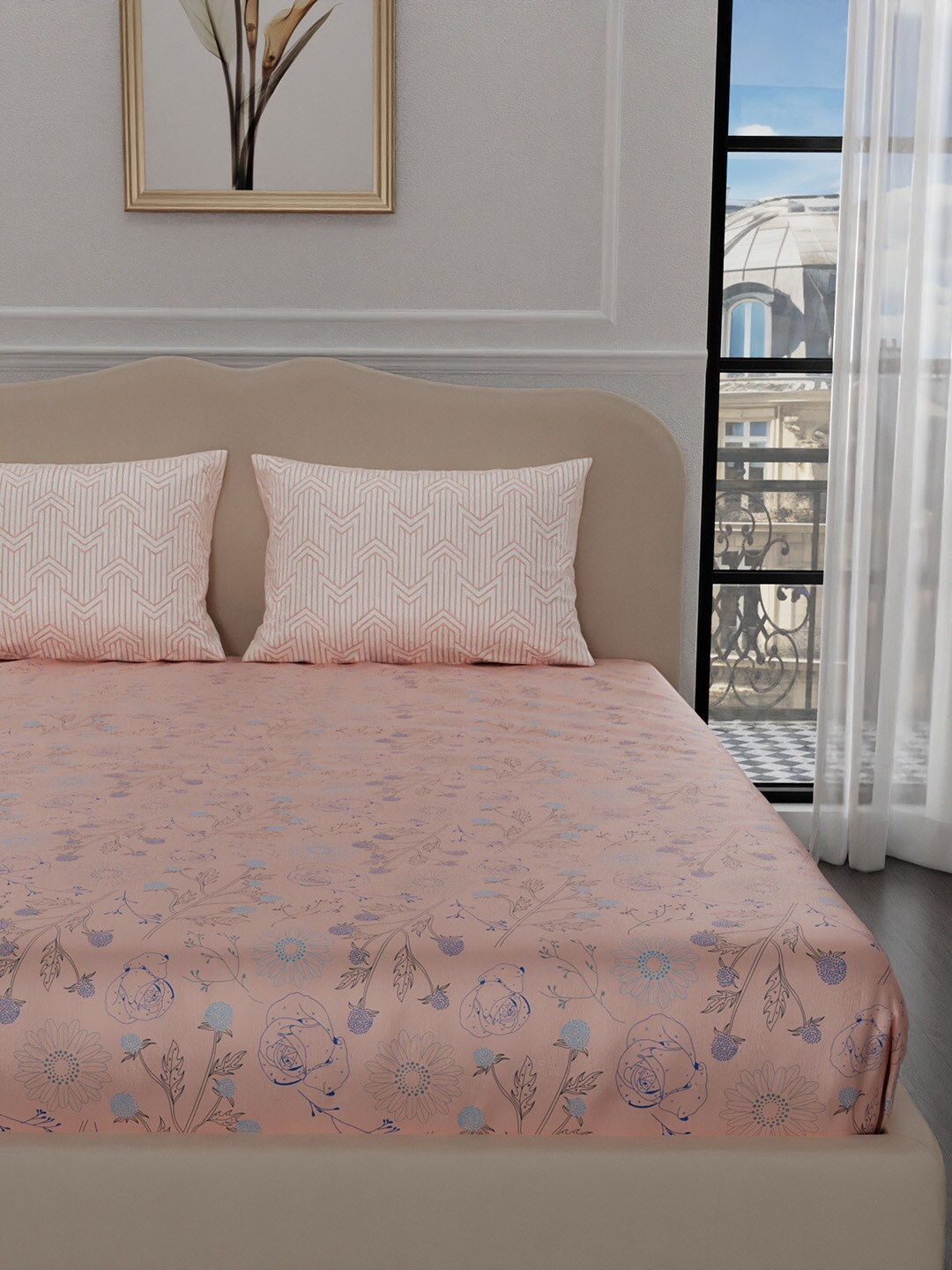 

Stoa Paris Elegance Peach Grey Floral 300 TC King Satin Bedsheet with 2 Pillow Covers