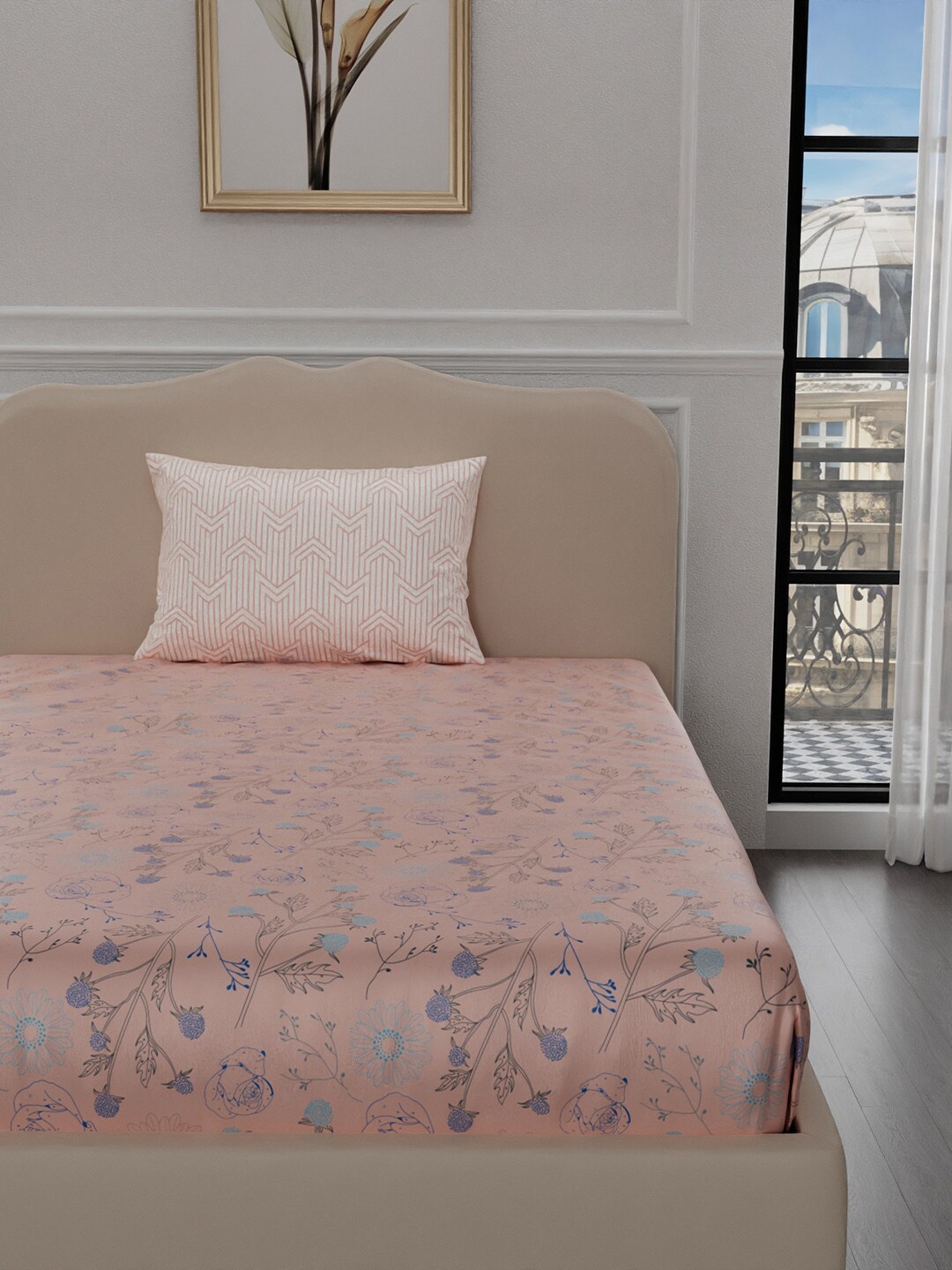 

Stoa Paris Elegance Peach Blue Floral 300 TC Single Satin Bedsheet with 1 Pillow Cover