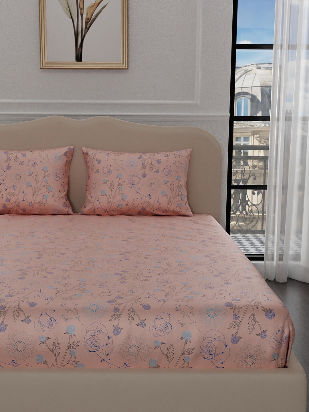 

Stoa Paris Elegance Collection Peach Floral 300 TC King Satin Bedsheet Set