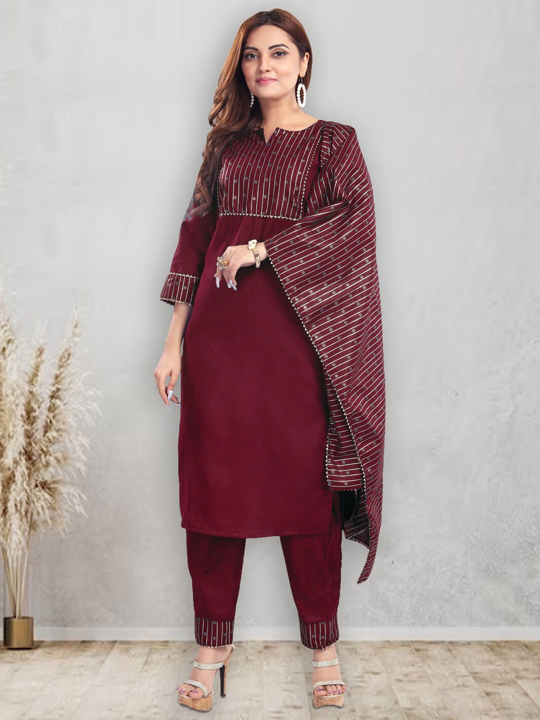 

pinfit Striped Patchwork Round Neck Cotton Blend Kurta with Palazzos & With Dupatta, Maroon