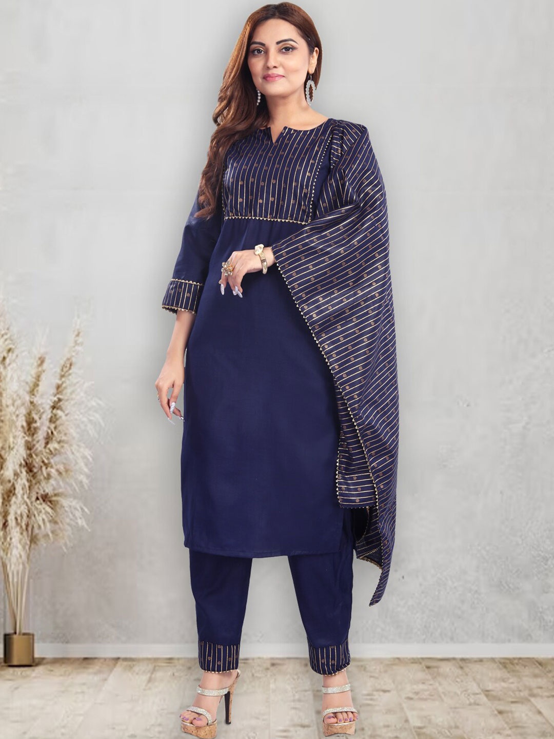 

pinfit Striped Patchwork Round Neck Cotton Blend Kurta with Palazzos & With Dupatta, Blue