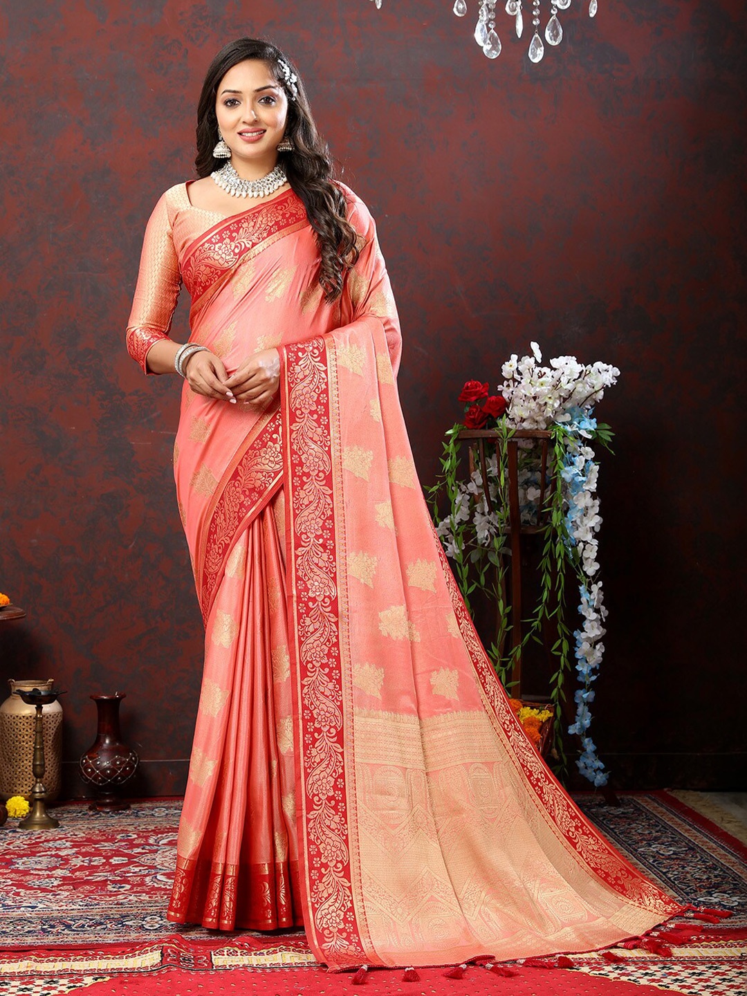 

KALINI Ethnic Motifs Woven Design Zari Banarasi Saree, Peach