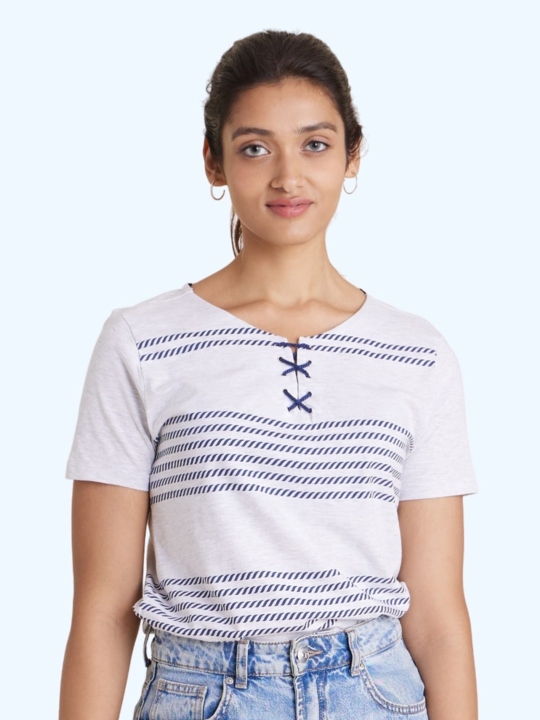 

harbour 9 The Aarfit Short Sleeve Striped Cotton Top, Navy blue