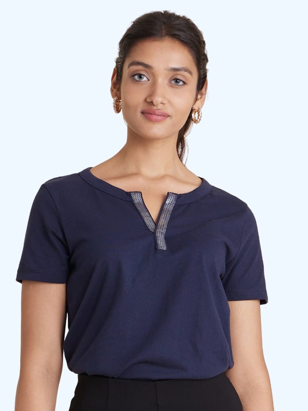 

harbour 9 Embroidered Cotton Top, Navy blue
